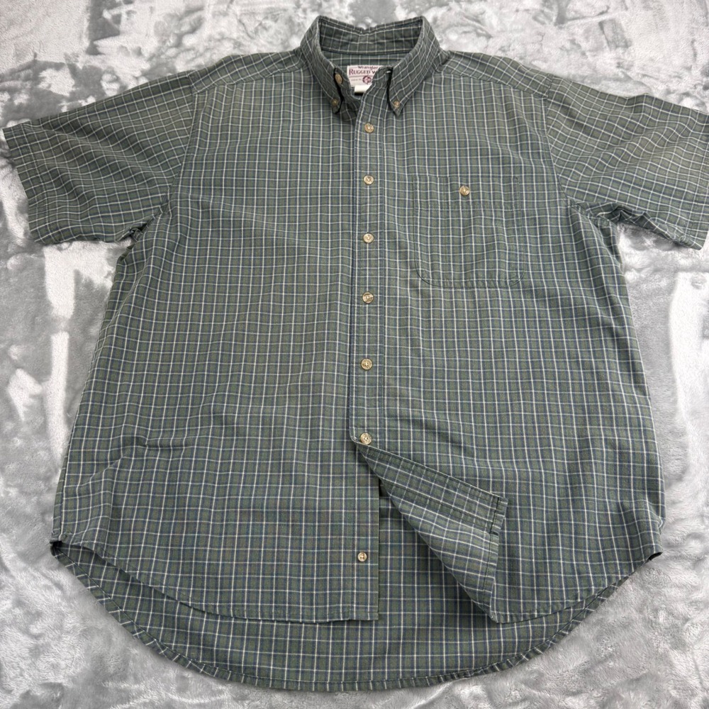 Wrangler Rugged Wear Mens XL Green Blue Plaid Short Sleeve Button Down Shirt - Picture 12 of 14